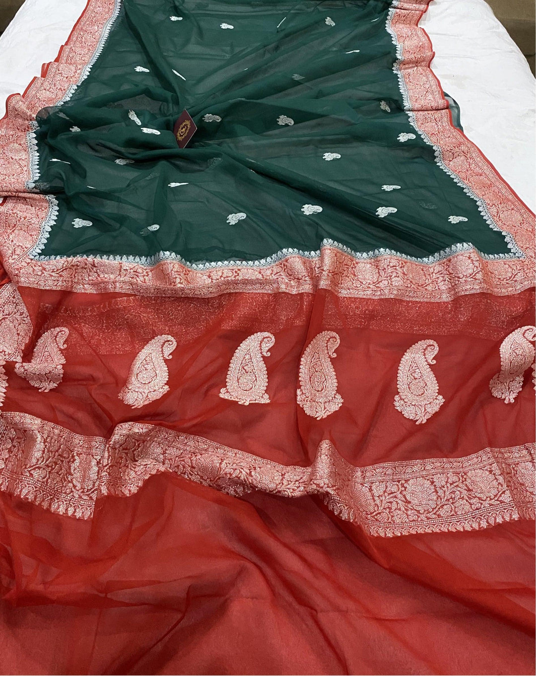 Bottle Green Banarasi Handloom Pure Georgette Silk Saree - Aura Benaras