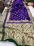 Bluish Purple Banarasi Handloom Satin Silk Saree - Aura Benaras