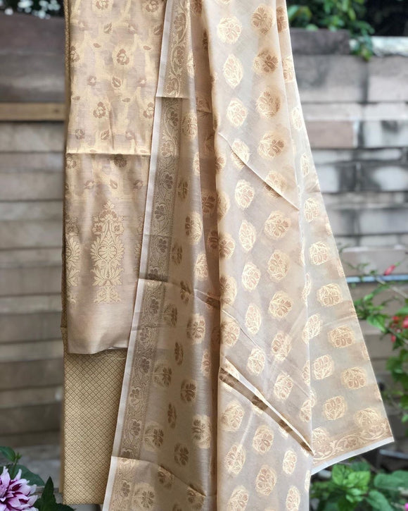 Off-White Cotton Silk Minakari Buti Jangla Banarasi Handloom Three Piece Suit Set