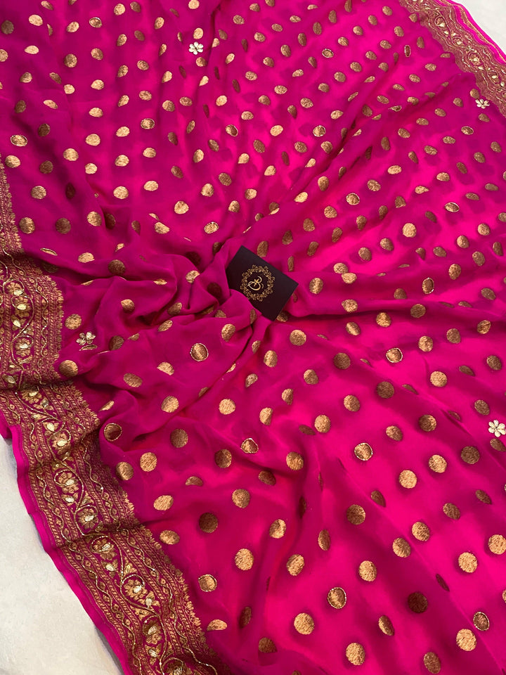 PINK BANARASI HANDLOOM PURE KHADDI GEORGETTE SILK SAREE WITH ZARDOZI WORK - Aura Benaras