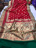 Red Mayur Buti Banarasi Handloom Satin Silk Saree - Aura Benaras
