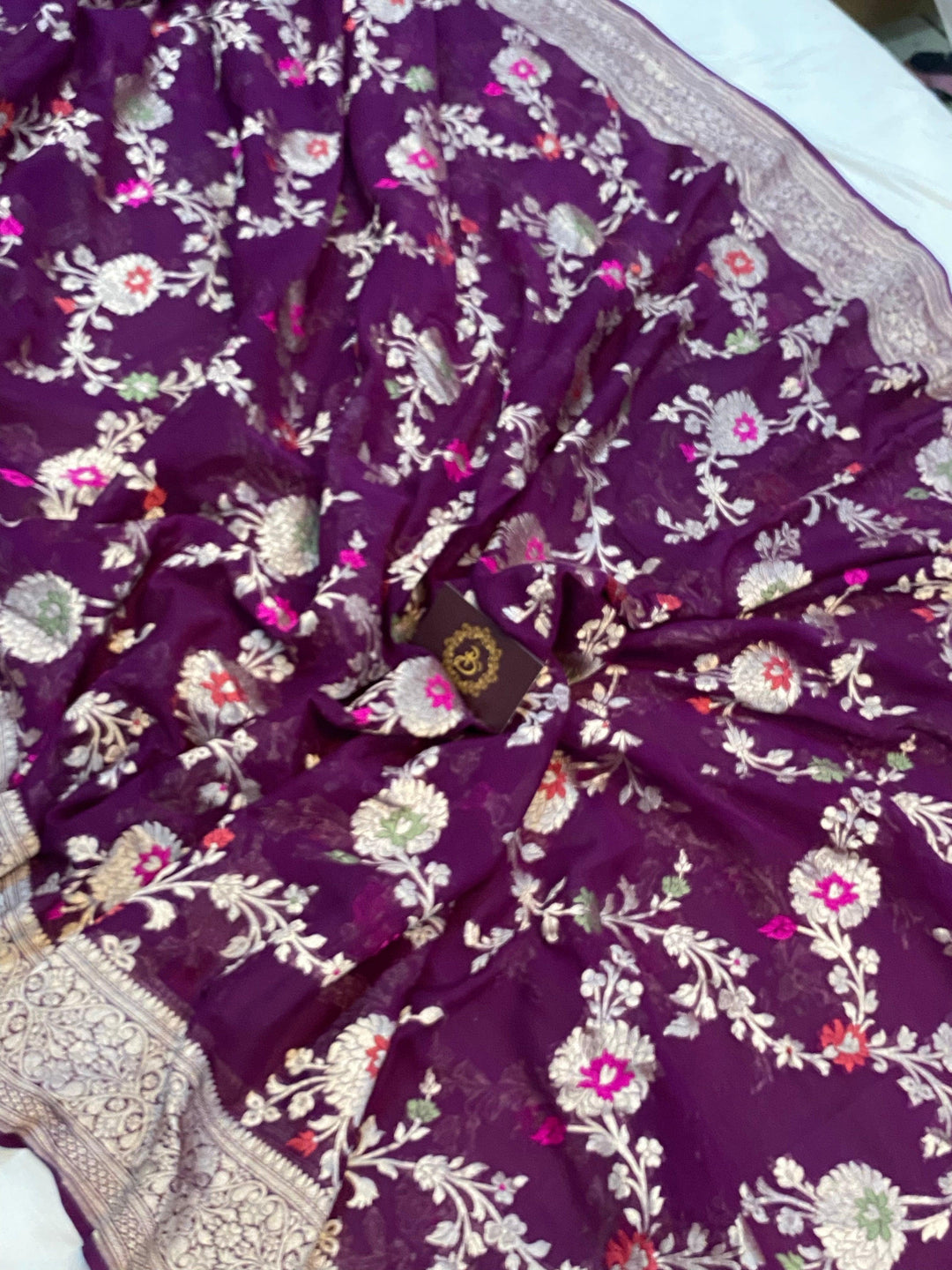 Wine Banarasi Khaddi Georgette Saree - Aura Benaras