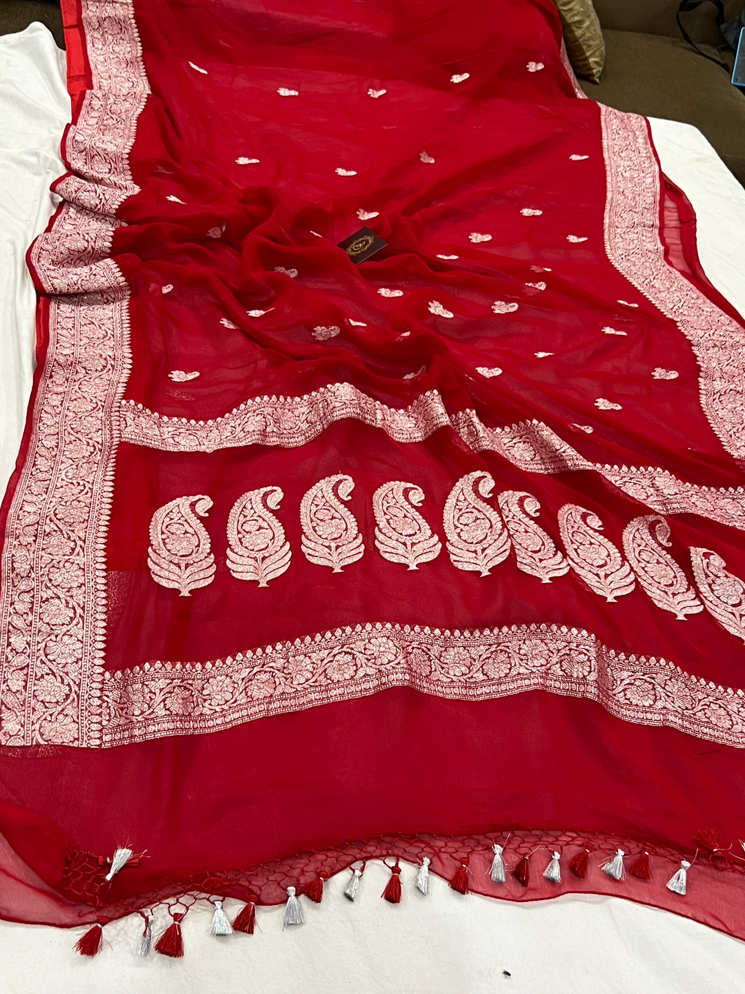 Red Khaddi Chiffon Banarasi Handloom Saree