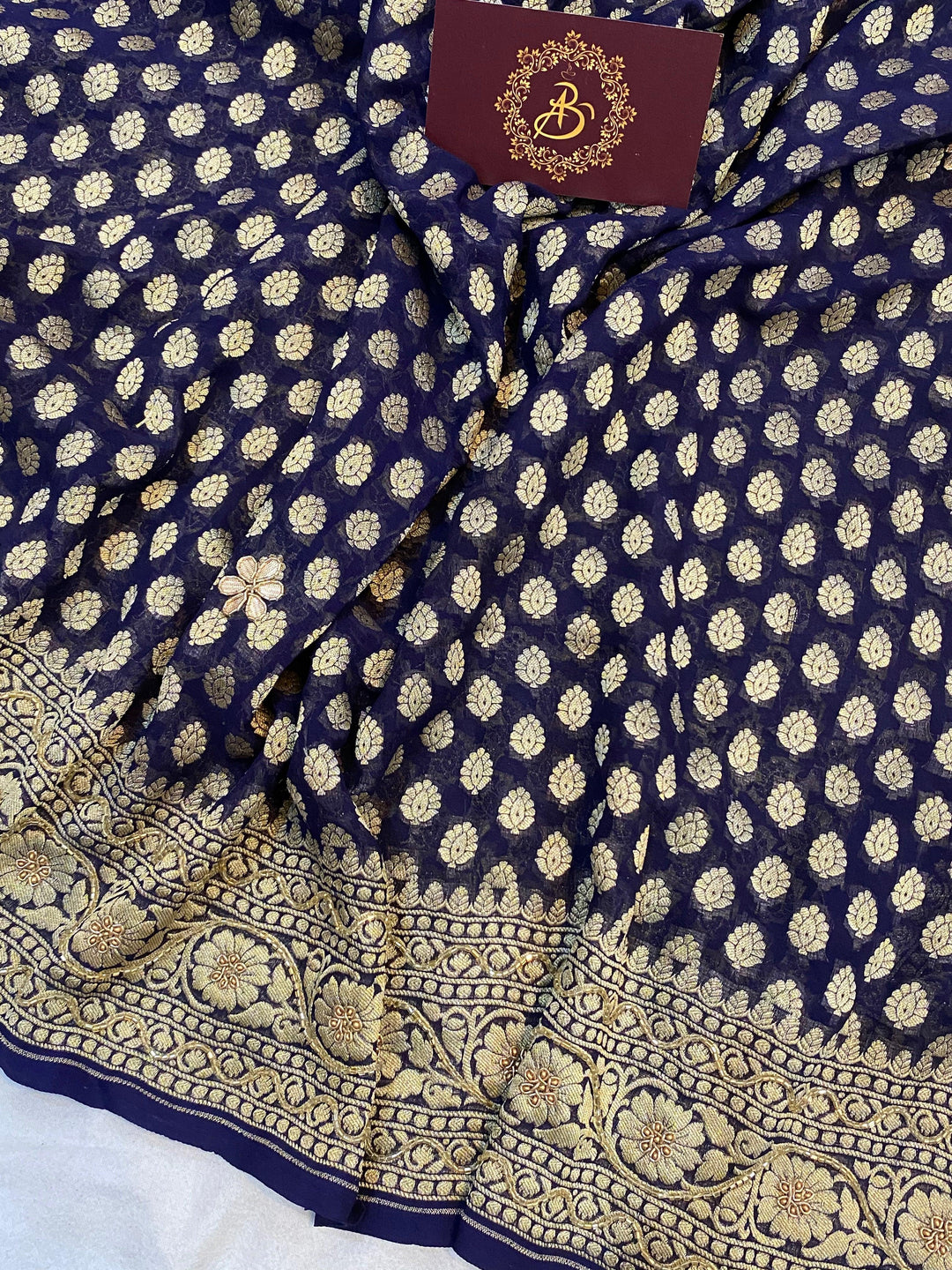 Navy Blue Zardozi Handloom Pure Georgette Silk Saree - Aura Benaras