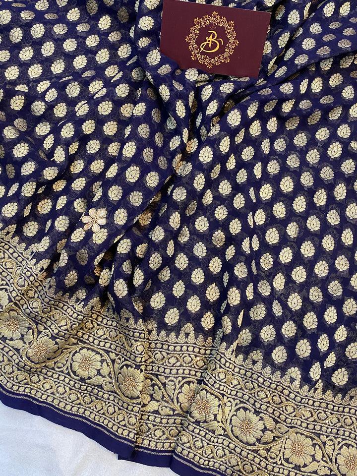 Navy Blue Zardozi Handloom Pure Georgette Silk Saree - Aura Benaras