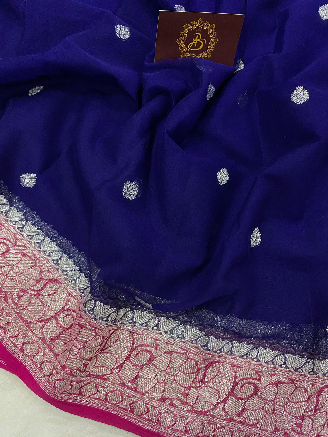 Navy Blue Banarasi Handloom Pure Georgette Silk Saree - Aura Benaras