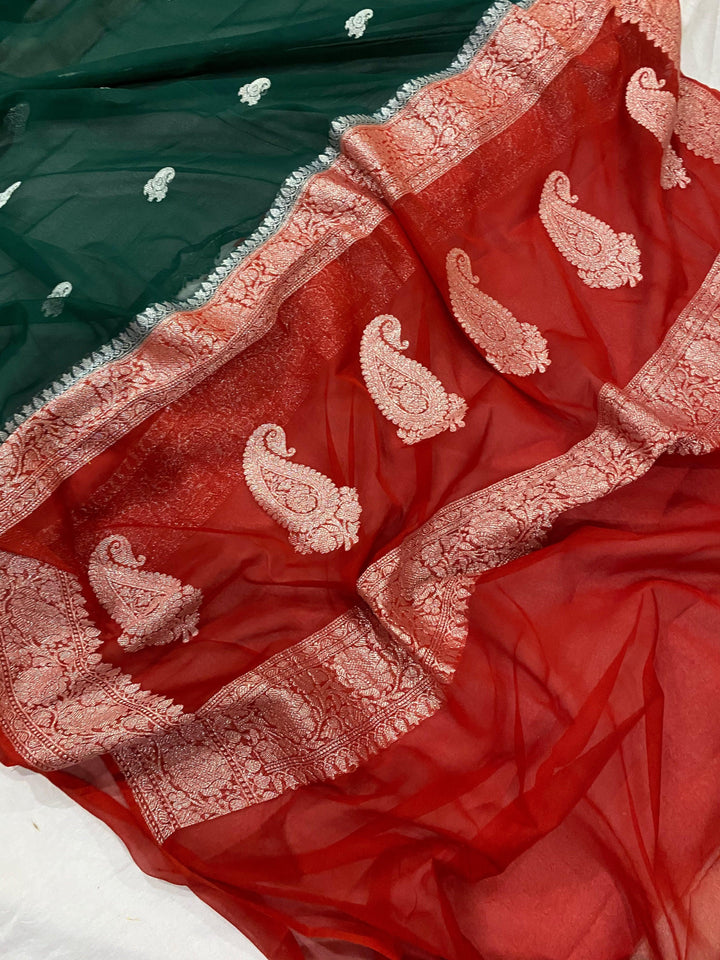 Bottle Green Banarasi Handloom Pure Georgette Silk Saree - Aura Benaras