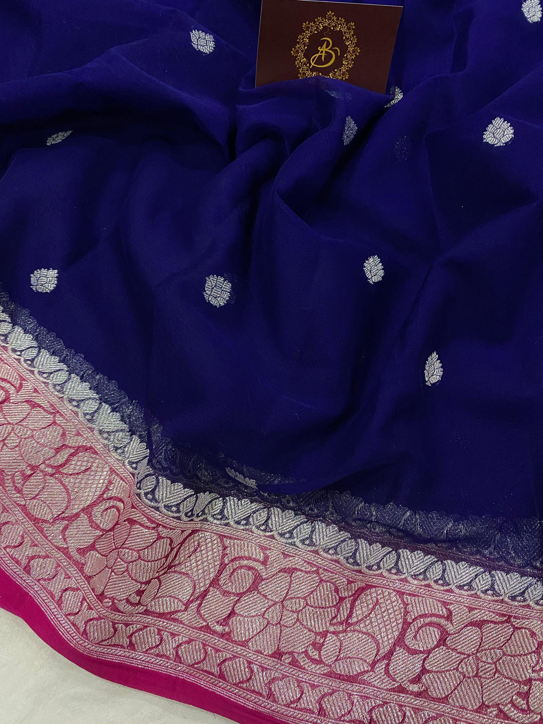 Navy Blue Banarasi Handloom Pure Georgette Silk Saree - Aura Benaras