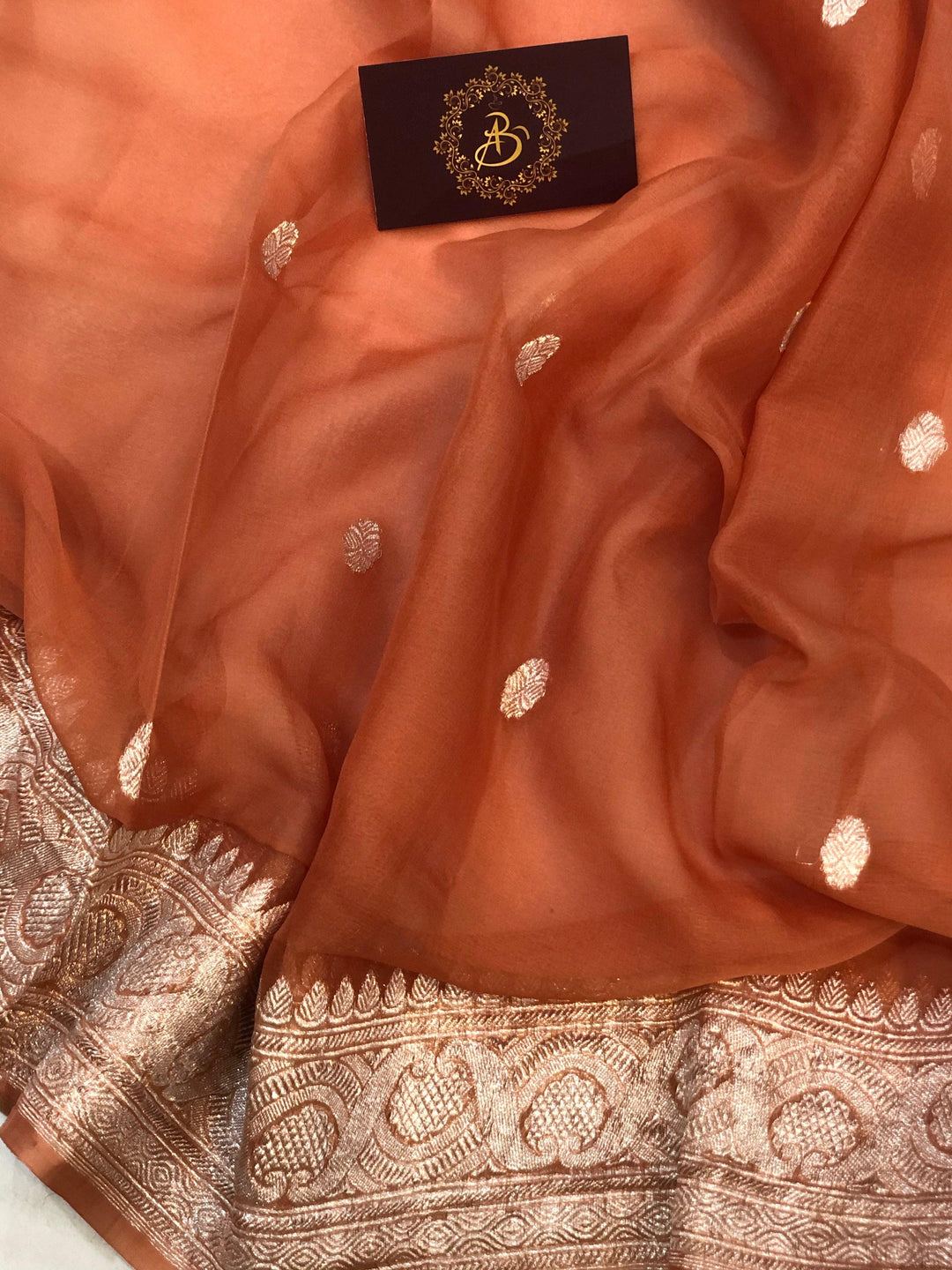 Earthy Orange Khaddi Chiffon Banarasi Handloom Saree - Aura Benaras