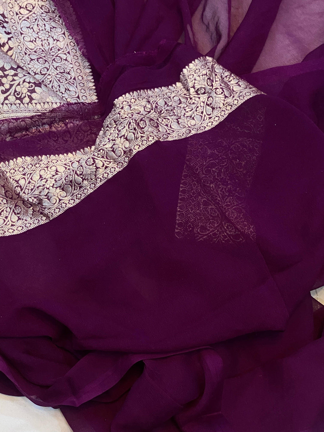 Wine Banarasi Khaddi Georgette Saree - Aura Benaras