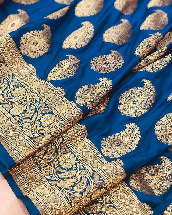 Persian Blue Satin Silk Carry Boota Banarasi Handloom Saree