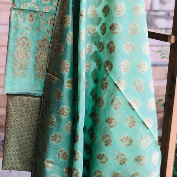Seagreen Cotton Silk Minakari Buti Jangla Banarasi Handloom Three Piece Suit Set