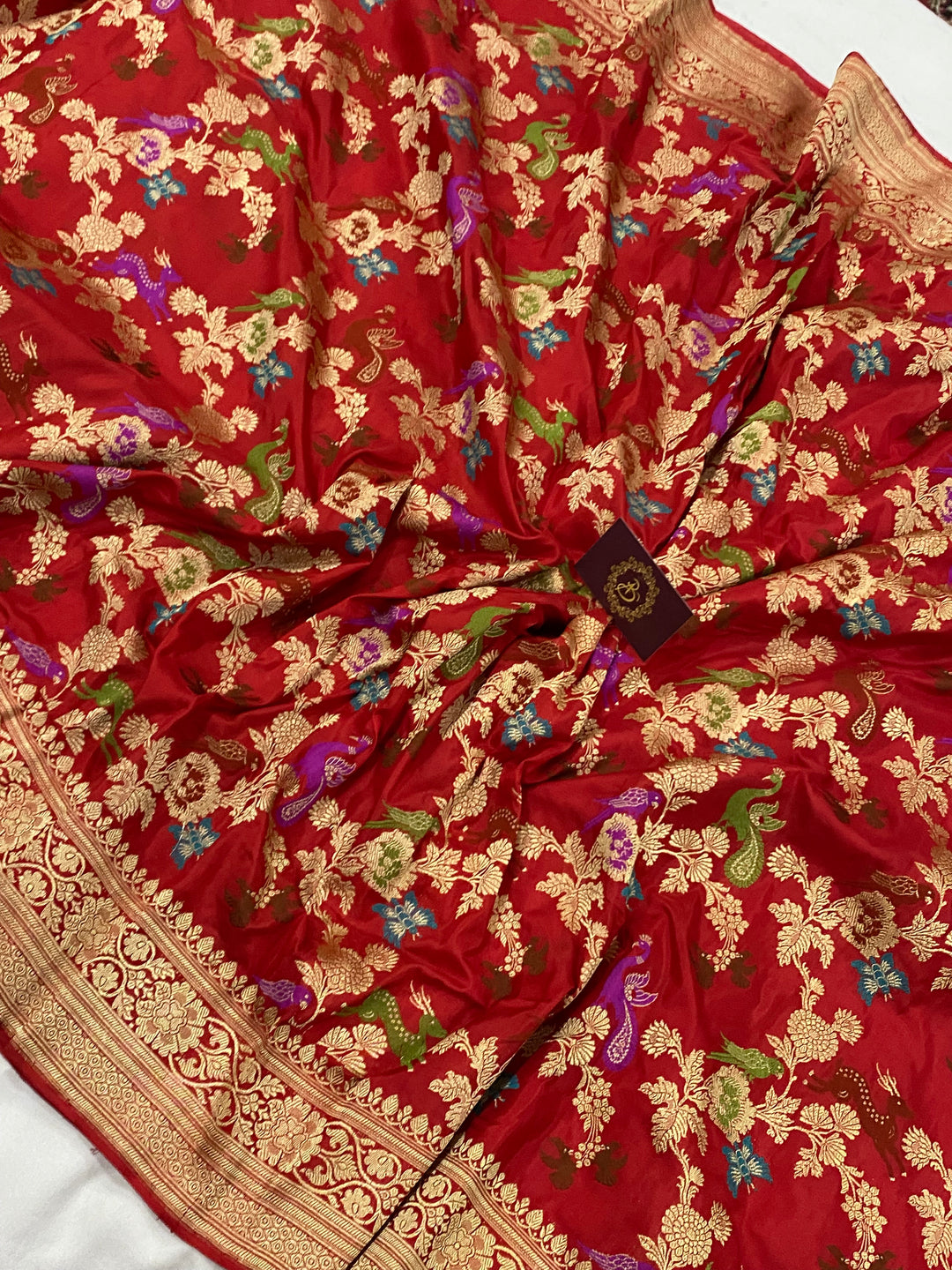 Red Jaal Pure Banarasi Handloom Katan Silk Saree - Aura Benaras