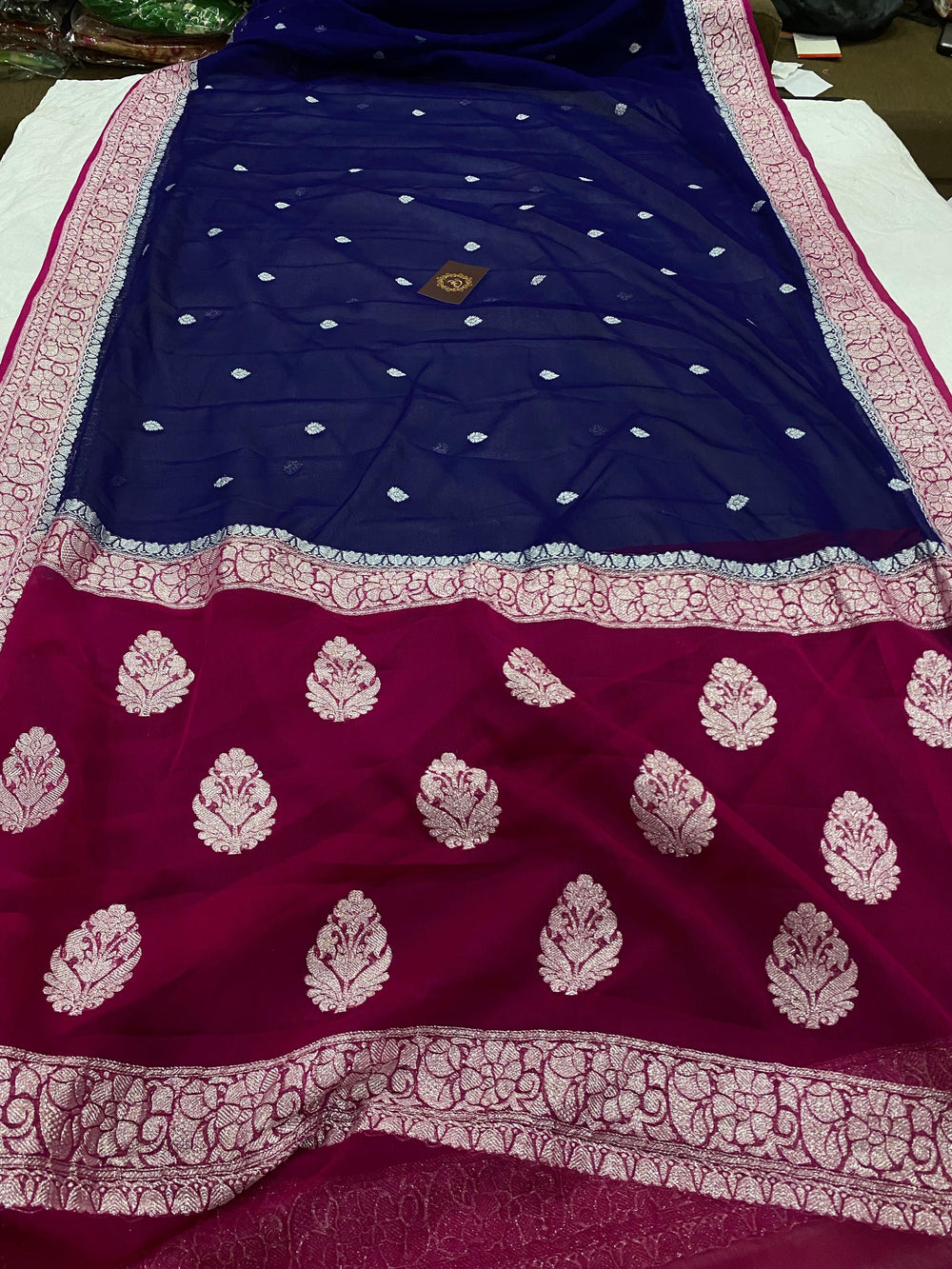 Navy Blue Banarasi Handloom Pure Georgette Silk Saree - Aura Benaras