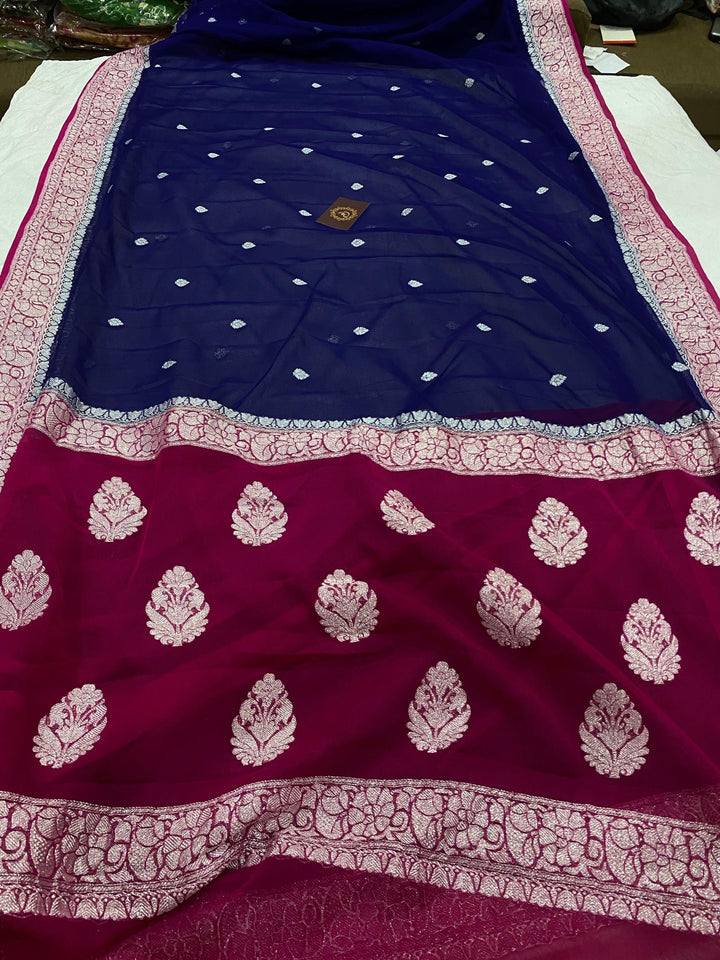 Navy Blue Banarasi Handloom Pure Georgette Silk Saree - Aura Benaras