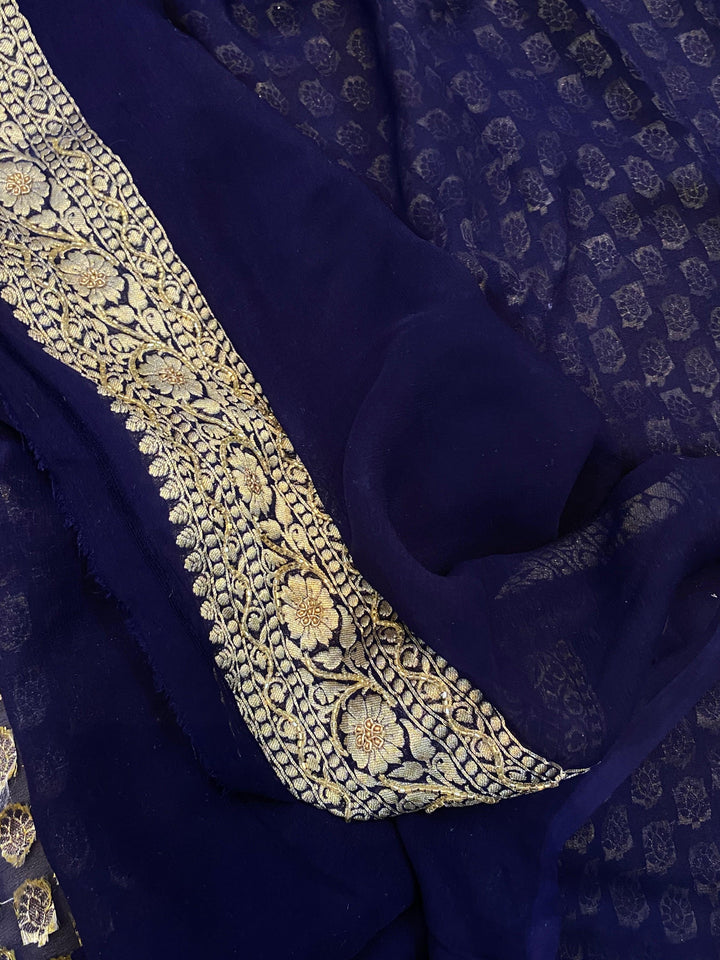 Navy Blue Zardozi Handloom Pure Georgette Silk Saree - Aura Benaras