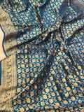 Persian Blue Satin Silk Zari Jaal Stonework Banarasi Handloom Saree