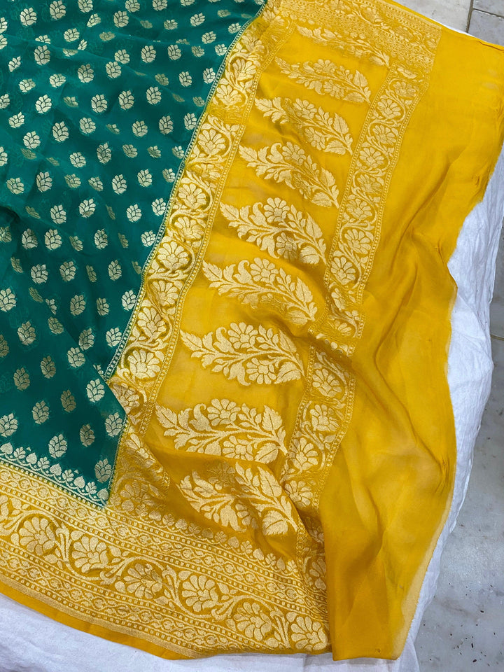 Rama Green Banarasi Handloom Pure Georgette Silk Saree - Aura Benaras