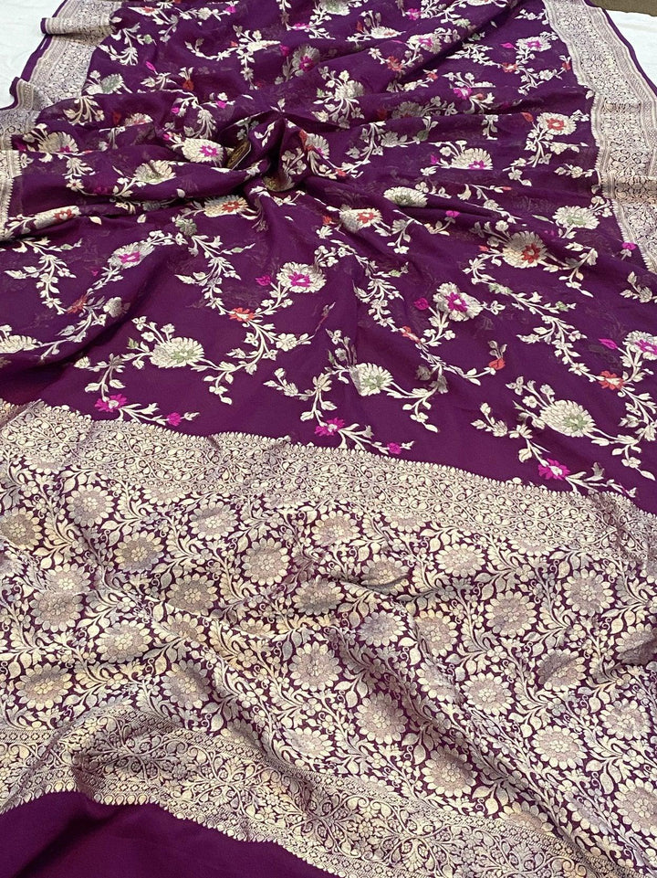Wine Banarasi Khaddi Georgette Saree - Aura Benaras