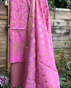 Light Pink Cotton Silk Minakari Buti Jangla Banarasi Handloom Three Piece Suit Set