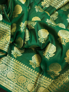 Green Banarasi Handloom Satin Silk Saree - Aura Benaras