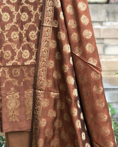 Rose Gold Cotton Silk Minakari Buti Jangla Banarasi Handloom Three Piece Suit Set