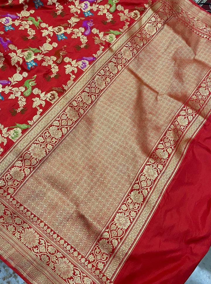 Red Jaal Pure Banarasi Handloom Katan Silk Saree - Aura Benaras