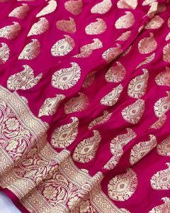 Hot Pink Satin Silk Carry Boota Banarasi Handloom Saree