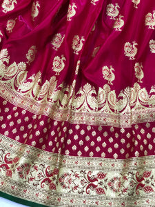 Hot Pink Mayur Buti Banarasi Handloom Satin Silk Saree - Aura Benaras