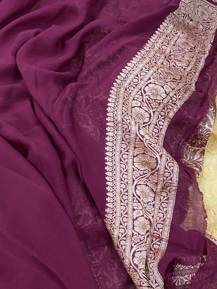 Cream Banarasi Handloom Pure Georgette Silk Saree - Aura Benaras