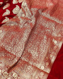 Red Satin Silk Carry Boota Banarasi Handloom Saree