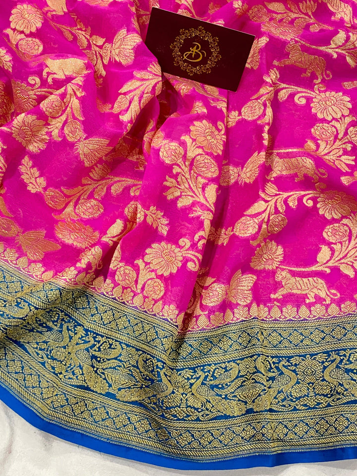 Pink Banarasi Handloom Pure Georgette Silk Saree - Aura Benaras