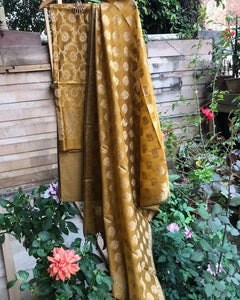 Mustard Cotton Silk Minakari Buti Jangla Banarasi Handloom Three Piece Suit Set