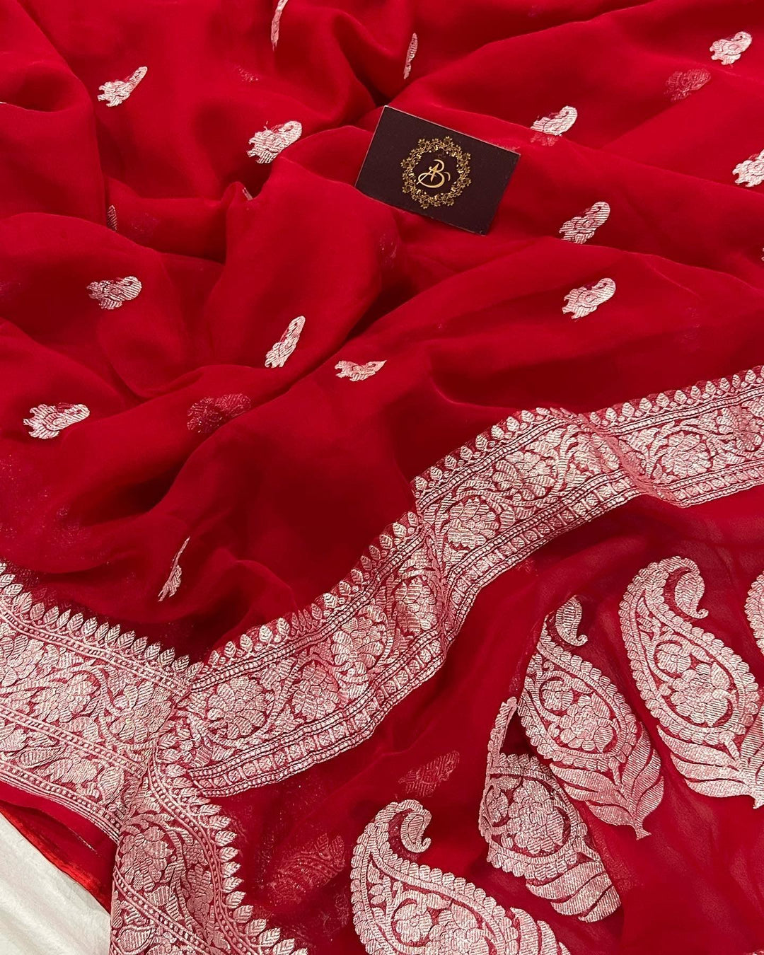 Red Khaddi Chiffon Banarasi Handloom Saree