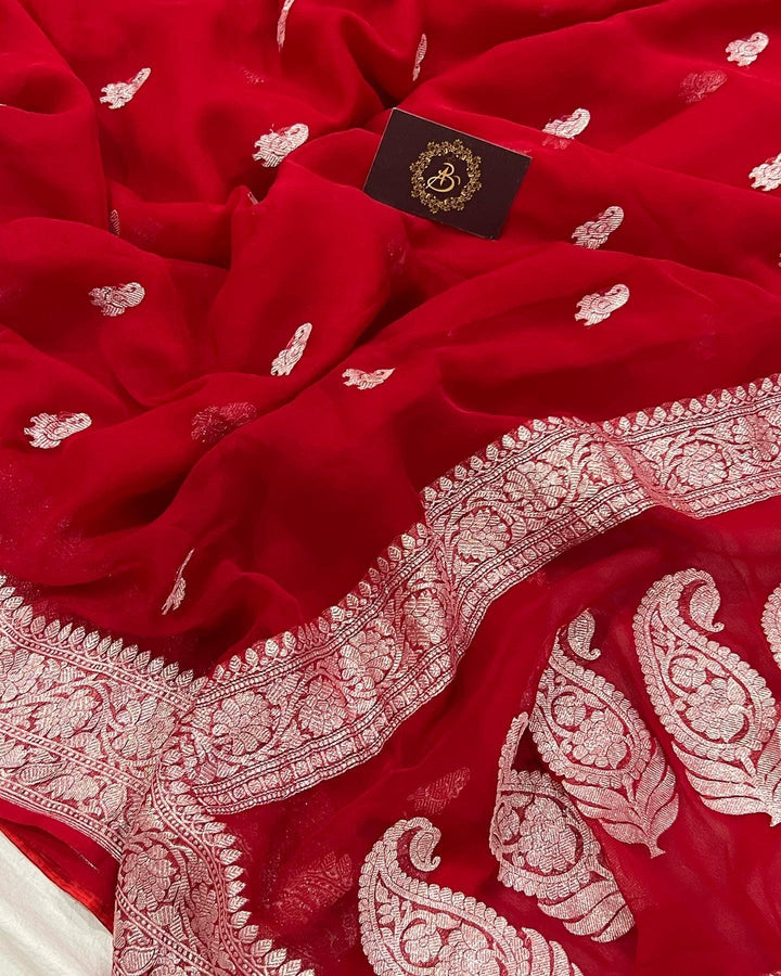 Red Khaddi Chiffon Banarasi Handloom Saree