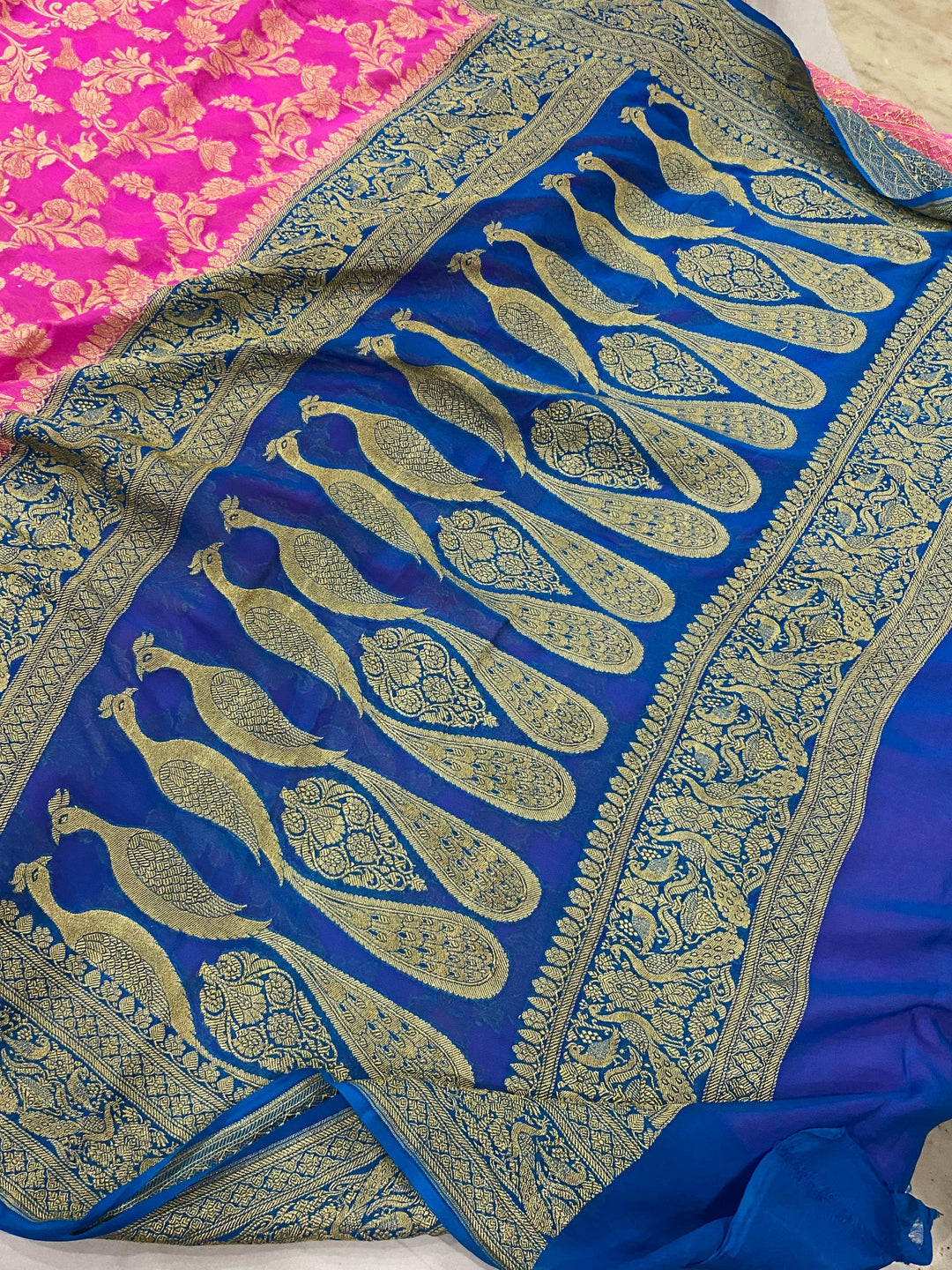 Pink Banarasi Handloom Pure Georgette Silk Saree - Aura Benaras