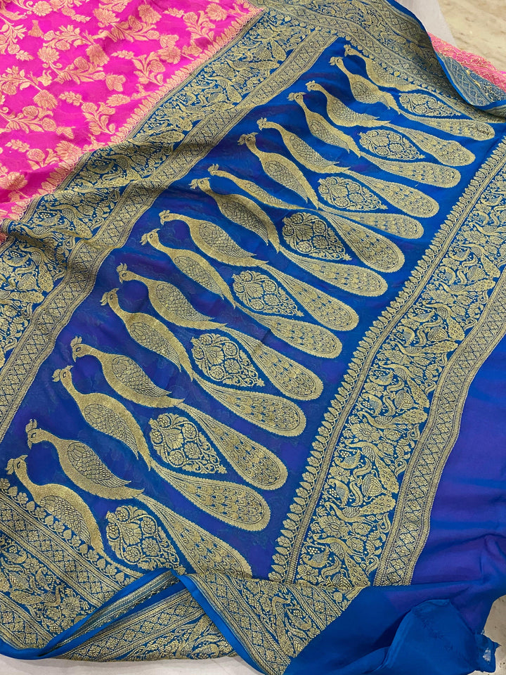 Pink Banarasi Handloom Pure Georgette Silk Saree - Aura Benaras