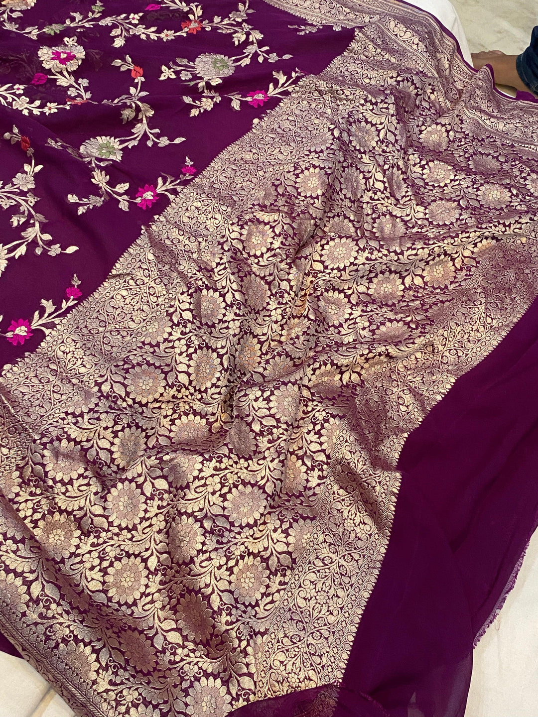 Wine Banarasi Khaddi Georgette Saree - Aura Benaras