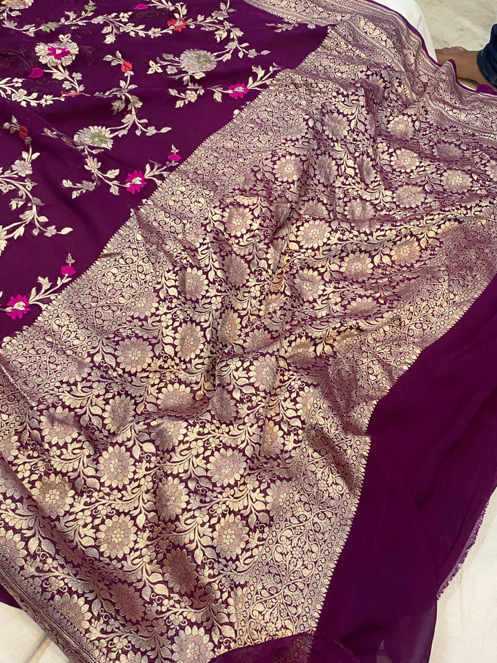 Wine Banarasi Khaddi Georgette Saree - Aura Benaras