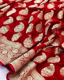 Red Satin Silk Carry Boota Banarasi Handloom Saree