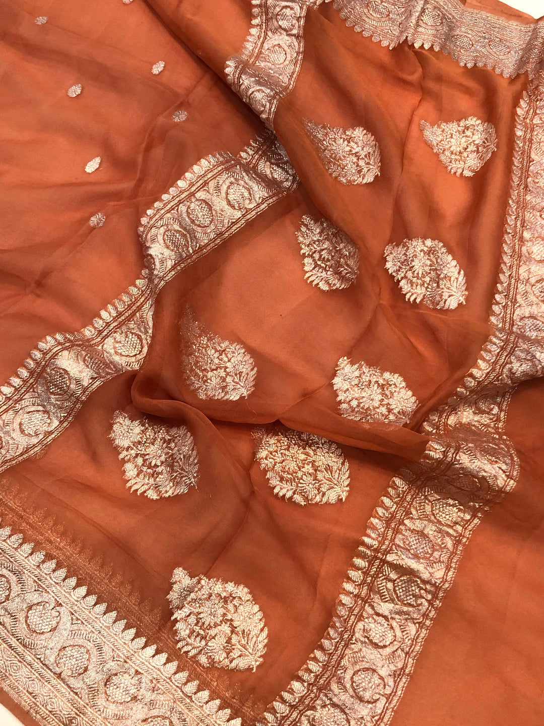 Earthy Orange Khaddi Chiffon Banarasi Handloom Saree - Aura Benaras