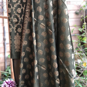 Greyish Green Cotton Silk Minakari Buti Jangla Banarasi Handloom Three Piece Suit Set