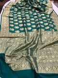 Teal Blue Banarasi Handloom Satin Silk Saree - Aura Benaras