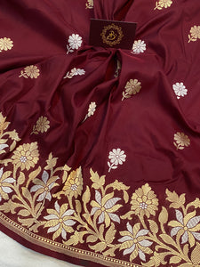 Burgundy Pure Banarasi Handloom Katan Silk Saree - Aura Benaras
