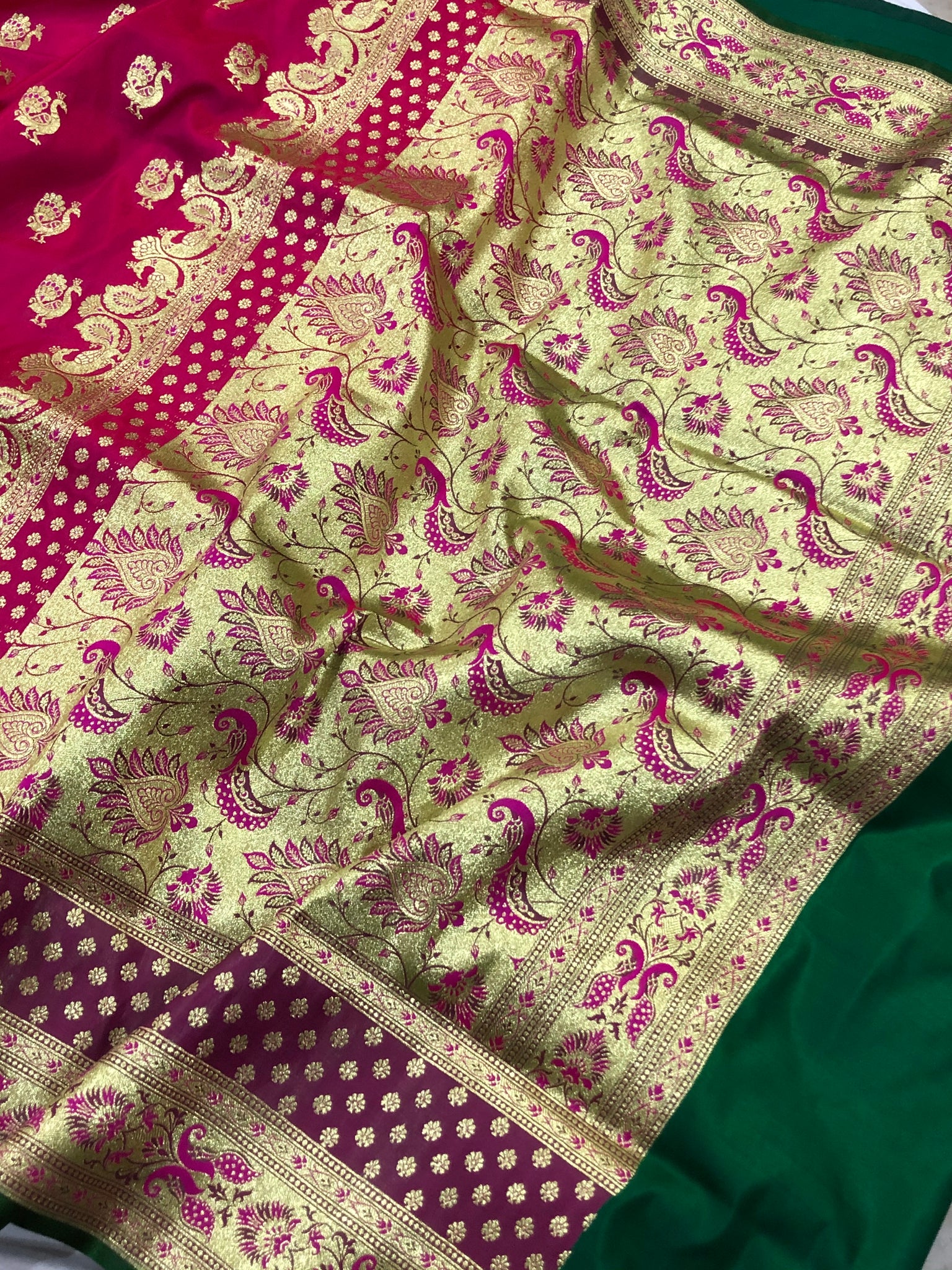 Body Designed Green Pink Banarasi Soft Silk Saree 6.30 Jacquard Heavy Work  Saree3 at best price in Surat
