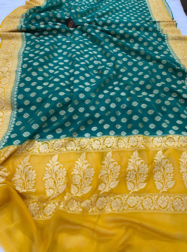 Rama Green Banarasi Handloom Pure Georgette Silk Saree - Aura Benaras